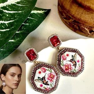 Vintage Style Hummingbird Floral Baroque Earrings Rhinestone Flower Painting NEW